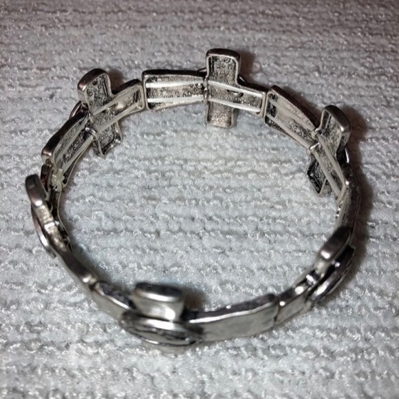 Da Vinci Cross Religious Tile Stretch Silvertone Metal Bracelet 7” Christian - Picture 5 of 6